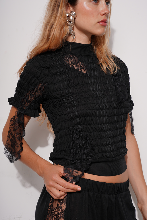 Black Smocked T-shirt With Lace Details