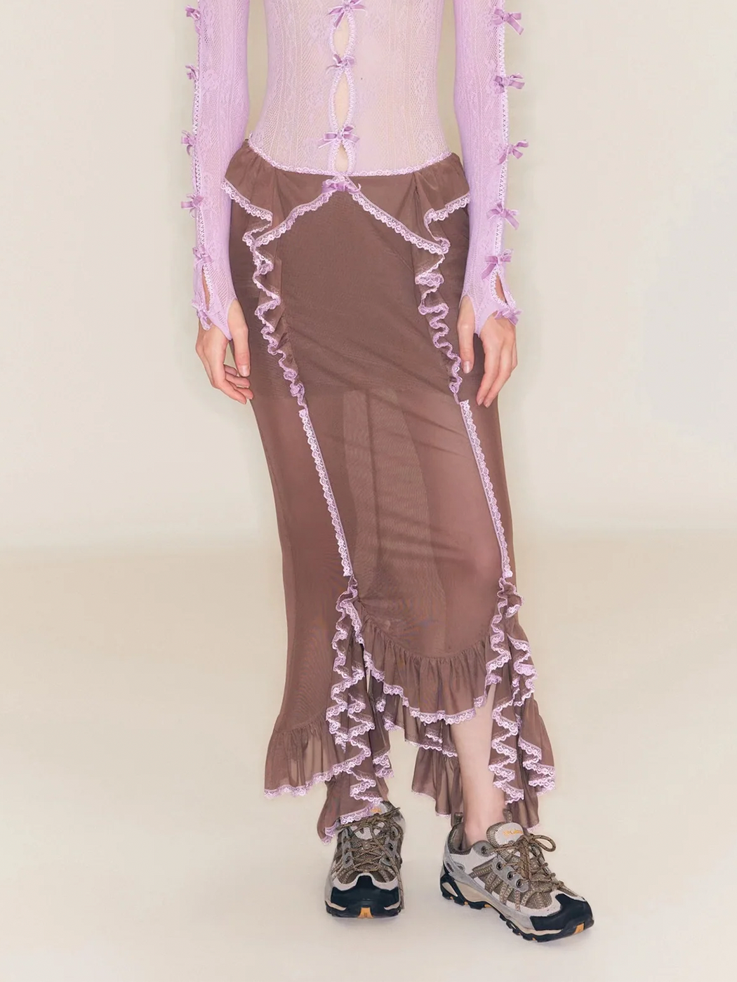 Brown Ruffle Midi Skirt