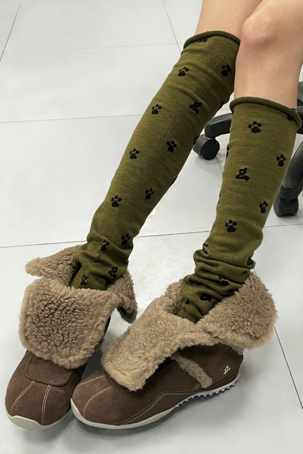 Olive Brown Paw Print Stirrup Slouchy Leg Warmers