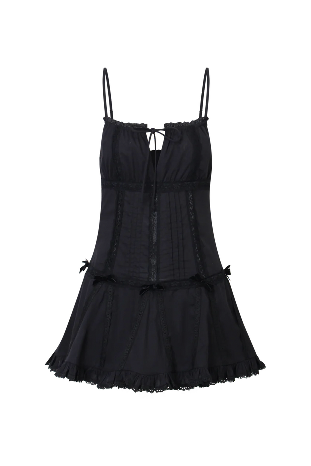 Nodress black lace trim pleated cotton dress