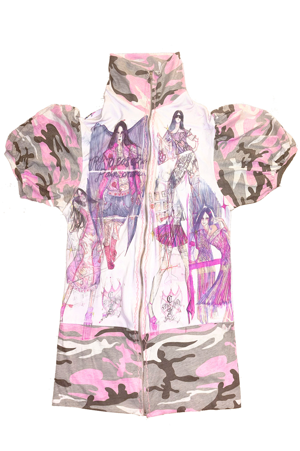 Camo Puff Sleeve with Colored Zip Up