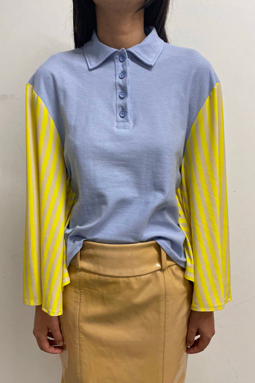 BATWING POLO TOP - SKY BLUE/YELLOW STRIPE