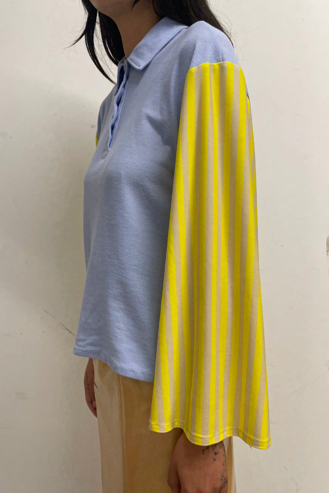 BATWING POLO TOP - SKY BLUE/YELLOW STRIPE