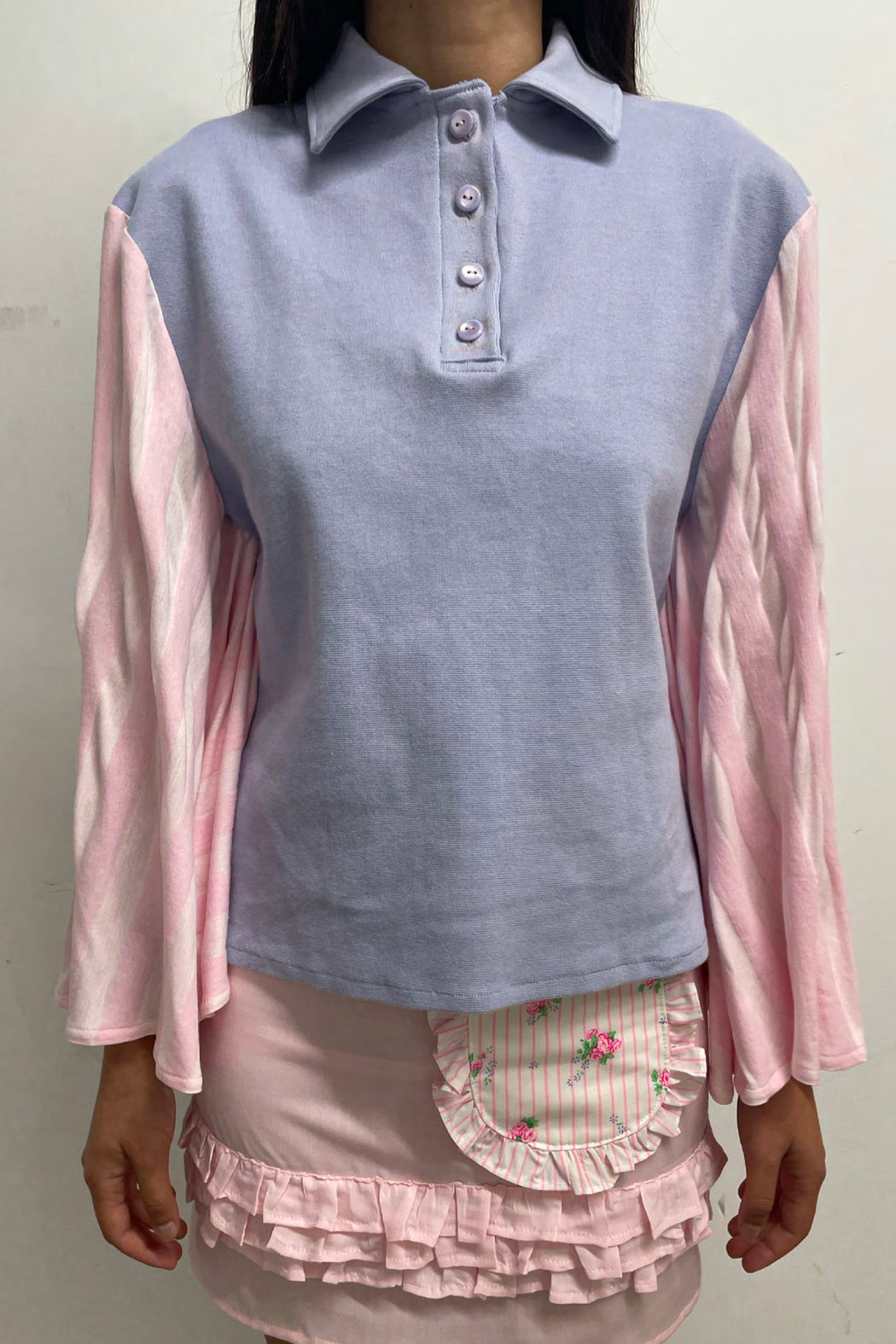 BATWING POLO TOP - LAVENDER/PINK STRIPE