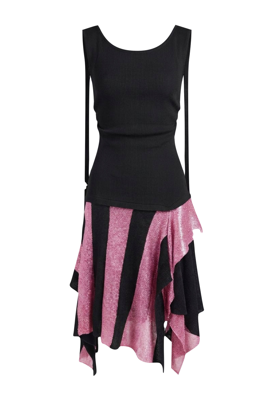 STRIPPED OF SHOULDER DRESS - BLACK