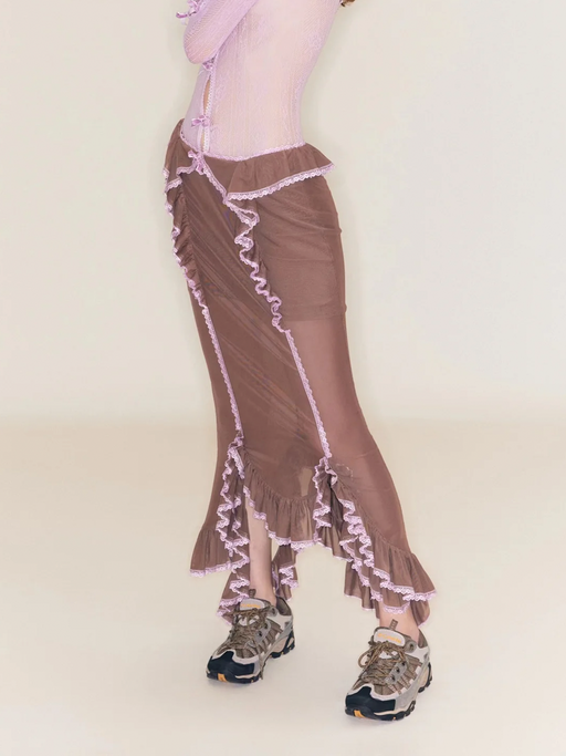 Brown Ruffle Midi Skirt