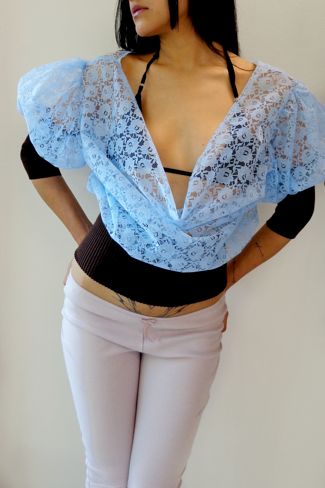 Lace Cowl Blouse - Blue