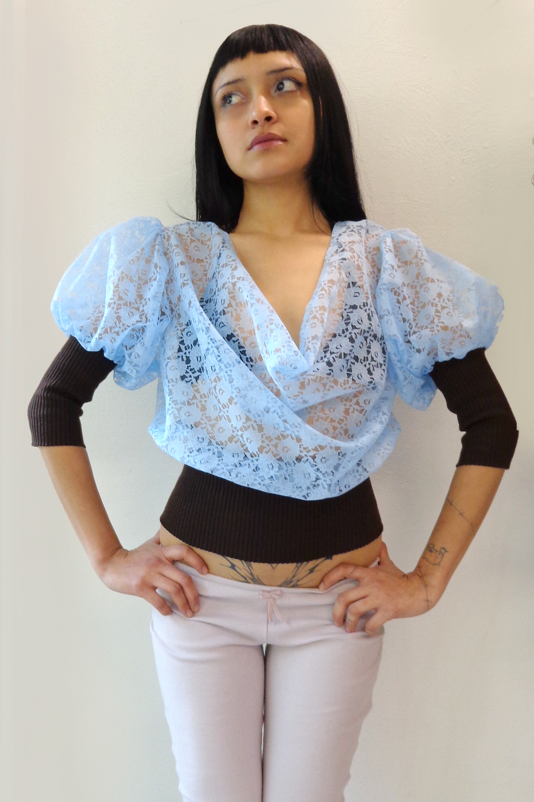 Lace Cowl Blouse - Blue