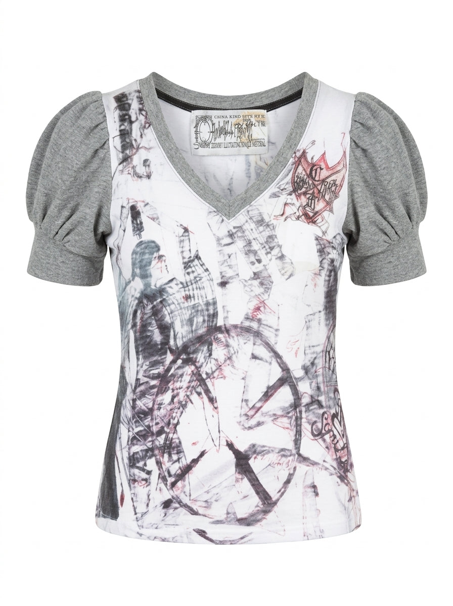 Grey Puff Sleeve V-neck Blouse