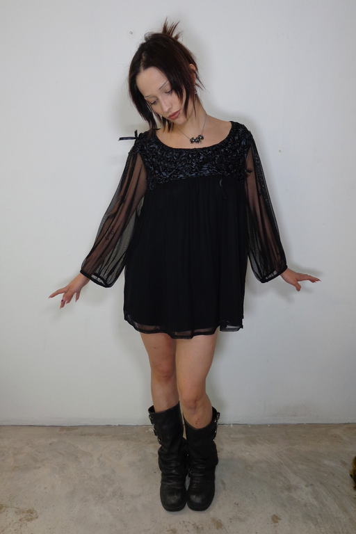 Black Lace Top/Dress With Mesh Sleeves