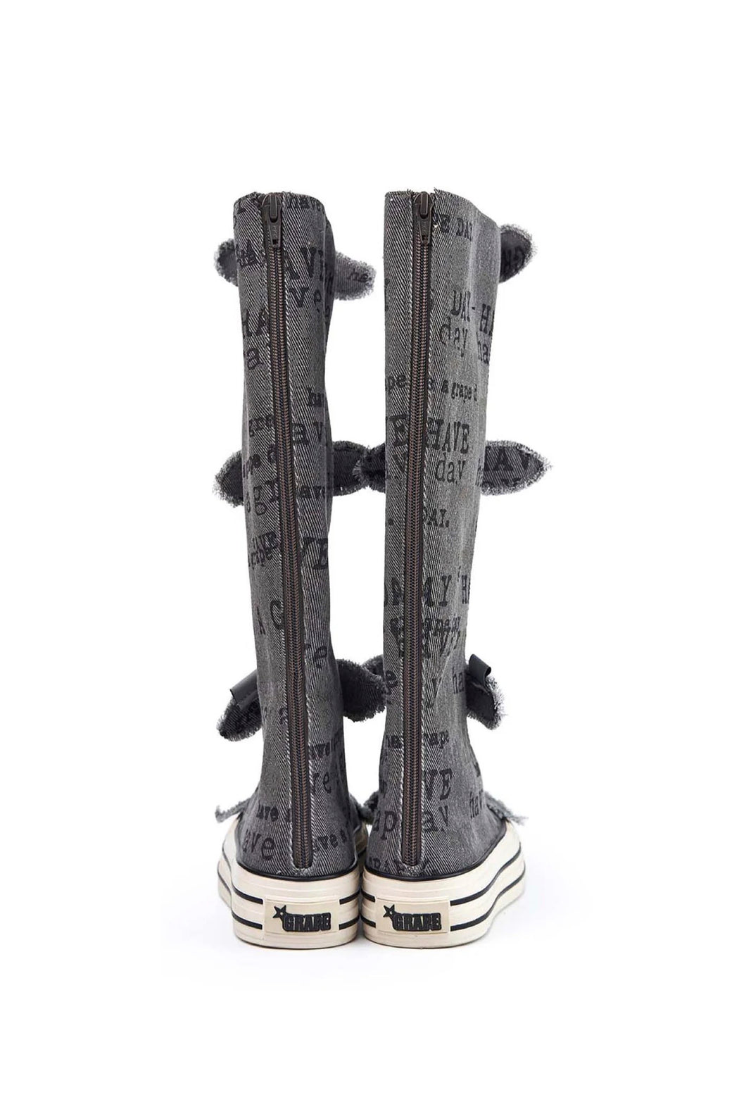 Black Printed Canvas Bow Boots