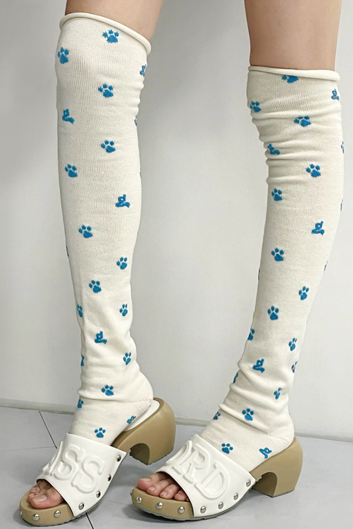 White Paw Print Stirrup Slouchy Leg Warmers